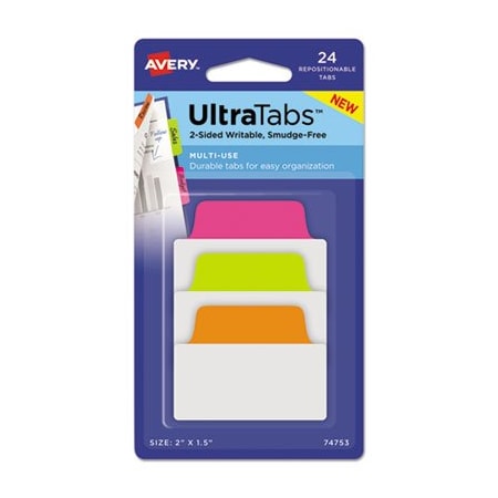 Avery Dennison Avery, ULTRA TABS REPOSITIONABLE STANDARD TABS, 1/5-CUT TABS, ASSORTED NEON, 2in WIDE, 24PK 74753